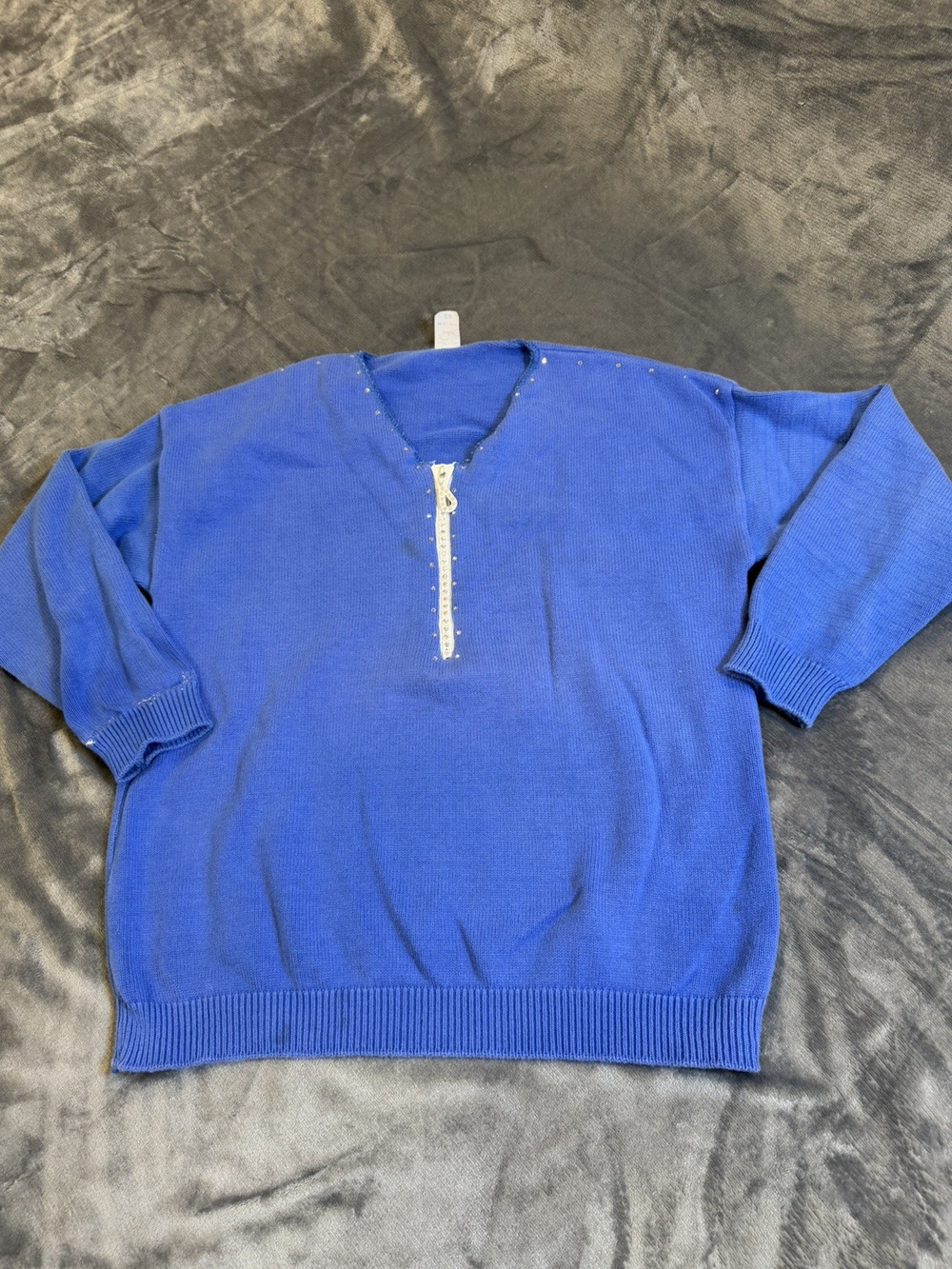 VTG 90s Dessbarn Knit Sweater Women OSFA Blue Embellished Rhinestone Made In USA